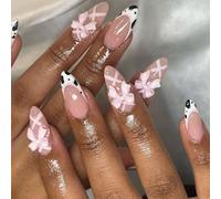 24PCS French Pink Bow Press on Nails,Medium Length Almond Coffin Fake Nails with Cute 3D Flower Design,Glossy and Full Cover Acrylic False Nails for Valentine's Day,Wedding,Party