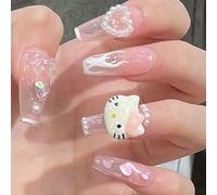 24PCS French Pink Kitty Press on Nails,Cute Kawaii 3D False Nails,Cartoon Y2K Long Length with Flame and Rhinestone Design,Trapezoid Coffin Fake Nails,Glossy and Full Cover Acrylic Nails for Women