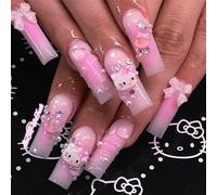 24PCS French Pink Kitty Press on Nails,Cute Kawaii 3D False Nails,Cartoon Y2K Long Length with Pearl and Bow Design,Trapezoid Coffin Fake Nails,Glossy and Full Cover Acrylic Nails for Women