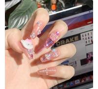 24PCS French Pink Kitty Press on Nails,Y2K Long Coffin with Rhinestones And Pearl Design False Nails,Cute Kawaii 3D Cartoon Fake Nails,Trapezoid Full Cover Acrylic Nails for Women or Girls