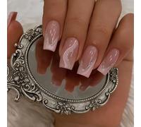 24Pcs French Pink Swirl Press On Nails With Glitter Lines, Short Square Fake Nails In 12 Sizes - Reusable Stick On False Nail Set With Accessory Tools For Women, Easy DIY Manicure Kit