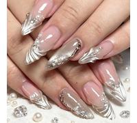 24PCS French Press-on Nails Almond, Glossy Cat Eye False Nails | Fake Nails with Pearl Rhinestone Design, Ice Transparent Water Ripple Acrylic Nails, Reusable Stick on Nails for Women
