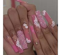 24Pcs French Press on Nails, French Pink with Crushed Rhinestones Fake Nails Stick on Nails for Women Girls Nail Art Accessories