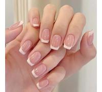 24Pcs French Press On Nails - Full Cover Square Fake Nails with Nude White French Tip Design for Women & Girls - Reusable Self-Adhesive Manicure Nail Art