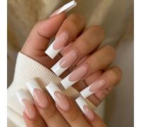 24Pcs French Press On Nails Long Coffin Square Shape Glossy Nude Pink with White Tips Fake Nails Set for Women Girls Stick On False for Christmas Autumn Manicure
