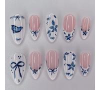 24Pcs French Press on Nails Medium Almond Fake Nails Blue Flower Bow Nail Art Designs Floral Acrylic Nails Full Cover Flowers False Nail Tips Reusable Glue on Nails for Women Manicure Decoration