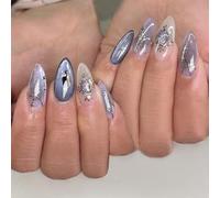 24Pcs French Press on Nails - Medium Almond Glossy Stick on Nails with 3D Cat Eye Purple Moon Crystal Design - Fake Nails Tips with Nail Glue, Ombre Stick on Fingernails for Women Girls