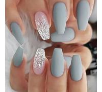 24Pcs French Press On Nails Medium, Coffin False Nails Ballerina Gray Blue Stick on Nails, Removable Glue-on Nails with Adhesive Tabs, Acrylic Full Cover Fake Nails for Women Girls Nail Art