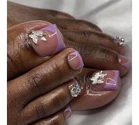 24Pcs French Press on Toenails, Short Square False Toenails, Glossy Purple Glitter Gel Fake Toe Nails with Butterfly & Rhinestones, Acrylic Spring Summer Beach Stick on Toenails for Women and Girls