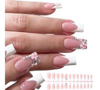 24Pcs French Square False Nails With Rhinestones Detailing And Floral Stick On Nails Manicure For Fashion Women Nail Art Accessories