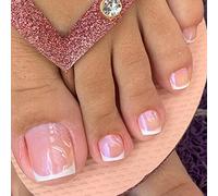 24Pcs French Square False Toenails Glossy Pink & White Press on Toenails Stick on Toenails Short Acrylic Full Cover Artificial Summer Fake Toenails for Women and Girls Daily Decorations