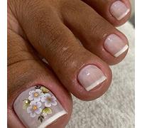 24Pcs French Square False Toenails Glossy Press on Toenails White Flowers Stick on Toenails Short Acrylic Full Cover Artificial Summer Fake Toenails for Women and Girls Daily Decorations