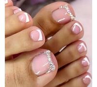 24Pcs French Square False Toenails Glossy Rhinestones Press On Glitters Stick On Short Acrylic