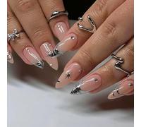 24PCS French Stick on Nails - Silver False Nails Long - Almond Press on nails French Tip - 3D Rhinestones Fake Nails with Glue - Full Cover Acrylic Nail Tips in 12 Sizes for Women DIY Manicure at Home