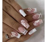 24pcs French Styles 3D Rhinestones Butterfly Designs Floral Press On Nails Acrylic Nails Manicure For Fashion Women