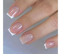 24Pcs French Styles Glitters Square Fake Nails Short White Sparkles Press On Nails With Shinys Finish For Daily Wear And Specials Occasions Reusable White Glitters False Nail