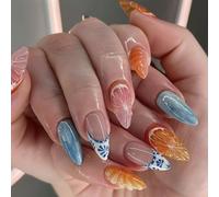 24PCS French Summer Press On Nails, Almond False Nails with 3D Fruit Design, Glossy French Tip, Medium Length Stick On for Women, Stylish Art for Summer Events and Daily Wear