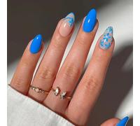 24PCS French Tip Blue Flower Press on Nails - Short Almond Stick on Nails for Women - Elegant Summer Look Reusable ABS Material False Natural Fit & Glossy Finish Easy to Trim & Apply