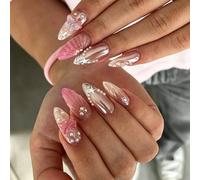 24pcs French Tip False Nails 3D Butterfly Pearl Press on Nails Medium Almond Pastel Pink Ombre Silver Chrome Reusable Stick on Nail Tips Removable Glue-on Fake Nail Art Accessories for Women Brides
