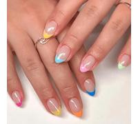 24Pcs French Tip False Nails Almond, Colourful Macarons Press on Nails Short, Elegant Spring Summer Acrylic Fake Nails with Glue Stickers, Removable Natural Stick on Nail for Women Daily Wear