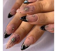24pcs French Tip False Nails Long Almond Black Edge Nude Pink Press on Nails Sparkly Gold Starburst Rhinestone Design Stick on Nail Tips Reusable Removable Glue-on Fake Nail Art Accessories for Women
