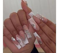 24PCS French Tip False Nails - Long Square Press On Nails - Acrylic Pink 3D Fake Nails with White Flowers Rhinestones Designs - Stick On Nail Full Cover French Glue on Nails for Women Nail Art DIY