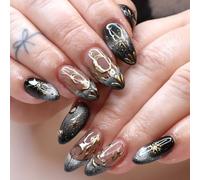 24pcs French Tip False Nails Medium Almond Press on Nails Black Gold Glitter Starburst Celestial Design Nude Pink Stick on Nail Tips Removable Glue-on Fake Nail Art Accessories for Women