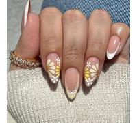 24pcs French Tip False Nails Medium Almond Press on Nails Daisy Flower Design Yellow White Edge Nude Pink Stick on Nail Tips Reusable Removable Glue-on Fake Nail Art Accessories for Women