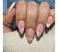 24pcs French Tip False Nails Medium Almond Press on Nails Multicolor Daisy Flower Design White Edge Nude Pink Stick on Nail Tips Reusable Removable Glue-on Fake Nail Art Accessories for Women