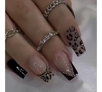 24pcs French Tip False Nails Medium Length Square Press on Nails Black Leopard Print Stick on Nail with Glitter Gold Design Removable Glue on Acrylic Fake Nail Tips Accessories for Women