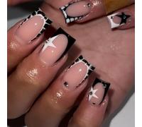 24pcs French Tip False Nails Medium Square Black White Press on Nails Star Rhinestone Design Leopard Print Nude Pink Stick on Nail Tips Removable Glue-on Fake Nail Art Accessories for Women