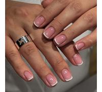 24PCS French Tip False Nails - Pink Short False Nails - Nails French Tip Glossy Full Cover with Glue Stick on Nails - Long Lasting Nail Art Home DIY Press on N/ails Gifts for Women