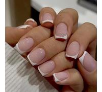 24Pcs French Tip False Nails - Press on Nails, Nude White Square with Glue | Full Cover False Nails,Glossy Stick on Nails,Short French Fake Nails, Acrylic, for Women, Parties and Valentine's Day