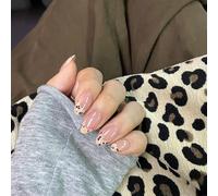 24Pcs French Tip False Nails - Short Almond Press on Nails - Leopard Print French Tip Nails with Cat Pattern Cute nails - Elegant french nails for Women Girls Nail Art Decoration