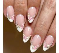 24pcs French Tip False Nails Short Almond Press on Nails Rose Daisy Flower Design White Edge Nude Pink Stick on Nail Tips with Mini Pearls Removable Glue-on Fake Nail Art Accessories for Women