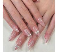 24pcs French Tip False Nails Short Almond Press on Nails Sweet Pink Fake Nails Glue on Nails Bow Pearl Stick on Nails Removable Fake Nails Women Girls Nail Art Accessories