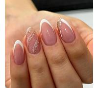 24pcs French Tip False Nails Short Almond Press on Nails White Edge Nude Pink Stick on Nail Tips with Glitter Gold Sequin Swirl Design Removable Glue-on Fake Nail Art Accessories for Women