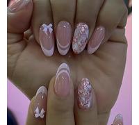 24pcs French Tip False Nails Short Almond Press on Nails White Edge Nude Pink Stick on Nail with 3D Bow Glitter Sequin Marble Design Removable Glue on Acrylic Fake Nail Accessories for Women