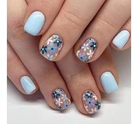 24Pcs French Tip False Nails, Short Square Blue Flowers Press on Nails with Elegant Design, Spring Summer Cute Floral Acrylic Full Cover Stick on Nails for Women and Girls Manicure Decoration