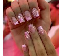 24Pcs French Tip False Nails, Short Square Pink White Flowers Press on Nails with Elegant Design, Spring Summer Glitter Floral Acrylic Full Cover Stick on Nails for Women and Girls Manicure Decoration