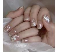 24pcs French Tip False Nails Short Square Press on Nails Beige White Edge Stick on Nail with Butterfly Flower Design Removable Glue on Acrylic Fake Nail Tips Accessories for Women Girls