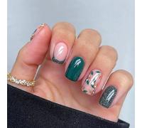 24Pcs French Tip False Nails, Short Square Press on Nails Green Leaves Glossy Stick on Nails in 12 Sizes, Reusable Full Cover Acrylic Fake Nail Women Girls Nail Art Accessories