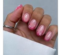 24pcs French Tip False Nails Short Square Press on Nails Hot Pink Glitter Edge Stick on Nail with White Flower Design Removable Glue on Acrylic Fake Nail Accessories for Women