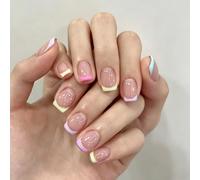 24pcs French Tip False Nails Short Square Press on Nails Multicolor Edge Dopamine Style Stick on Nail Tips Removable Glue-on Fake Nail Art Accessories for Women Daily Vacation Wear