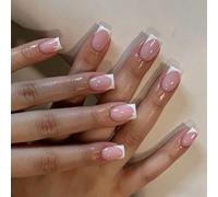 24pcs French Tip False Nails Short Square Press on Nails White Edge Nude Pink Stick on Nail Removable Glue-on Fake Nail Art Accessories for Women