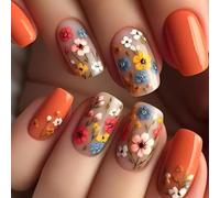 24Pcs French Tip False Nails Square Flower Pattern Press on Nails Full Cover Acrylic Fake Nails with Design Natural Reusable Spring Summer Glue on Nails Manicure Kits for Women Girls Daily Wear