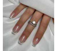 24PCS French Tip False Nails with White Nude Edge & Rhinestones - Press On Short Almond Shape Glossy ABS Material for DIY Manicure at Home Wedding Party Daily Elegant Look