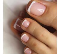 24Pcs French Tip False Toenails - Short Square Nude Pink Fake Toe Nail/White French Tip Press on Toenails - Acrylic Full Cover Fake Toenails Nail Art Set for Women Girls (Pink & White Toenails)