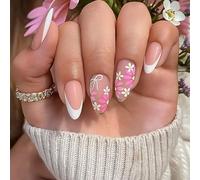 24PCS French Tip Floral Bow Press on Nails - Medium Almond Shape Nude Base Fake Nails with Pink and White Daisy Design Glossy Full Cover Stick on Nails with Jelly Adhesive Tabs Summer Manicure Set