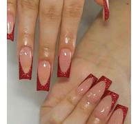 24Pcs French Tip Nails With Glue, Glitter Wine Red Press On Nails | Nude Pink Burgundy French Tip Medium Square False Nails, Acrylic Stick On Nails For Christmas Halloween Valentine Nail Art